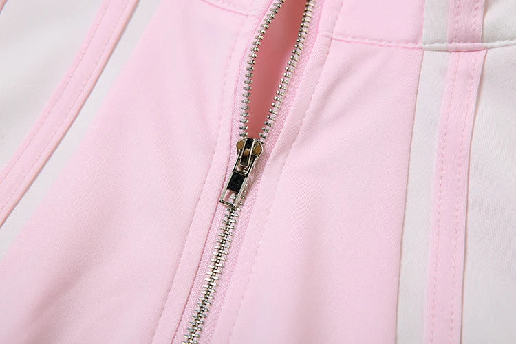 Casual Two Piece Set Women Stripe Panelled Zip-Up Pleated Crop Tank Top and Bandage Mini Skirt Summer Tracksuit