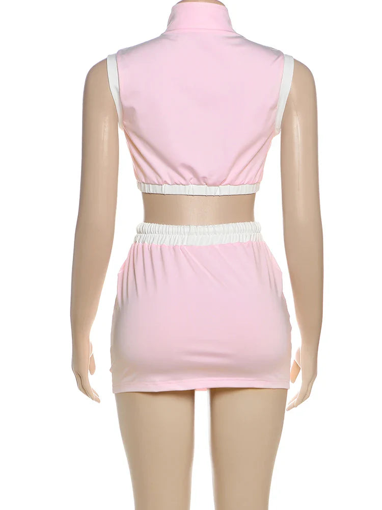 Casual Two Piece Set Women Stripe Panelled Zip-Up Pleated Crop Tank Top and Bandage Mini Skirt Summer Tracksuit