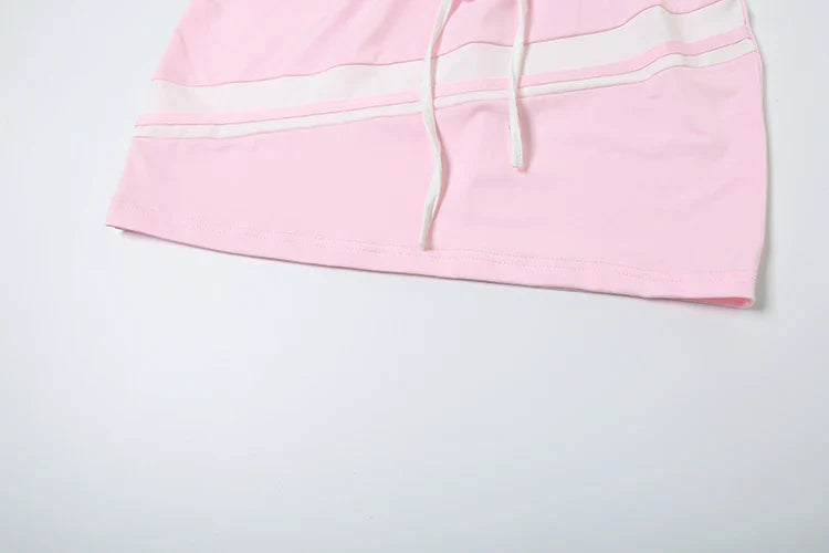 Casual Two Piece Set Women Stripe Panelled Zip-Up Pleated Crop Tank Top and Bandage Mini Skirt Summer Tracksuit