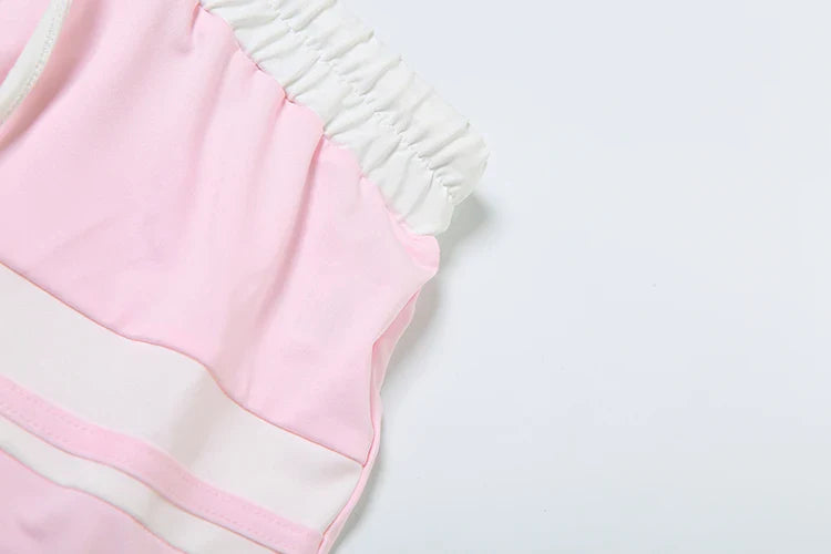 Casual Two Piece Set Women Stripe Panelled Zip-Up Pleated Crop Tank Top and Bandage Mini Skirt Summer Tracksuit