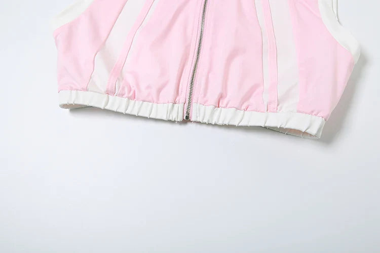 Casual Two Piece Set Women Stripe Panelled Zip-Up Pleated Crop Tank Top and Bandage Mini Skirt Summer Tracksuit