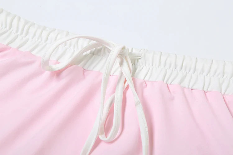 Casual Two Piece Set Women Stripe Panelled Zip-Up Pleated Crop Tank Top and Bandage Mini Skirt Summer Tracksuit