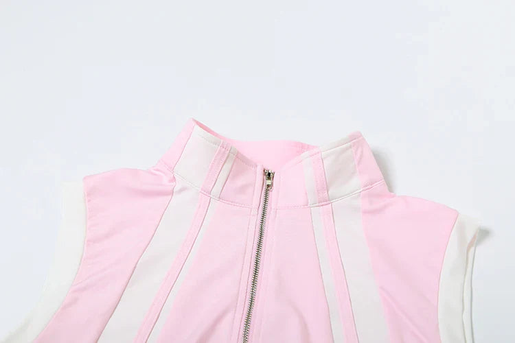 Casual Two Piece Set Women Stripe Panelled Zip-Up Pleated Crop Tank Top and Bandage Mini Skirt Summer Tracksuit