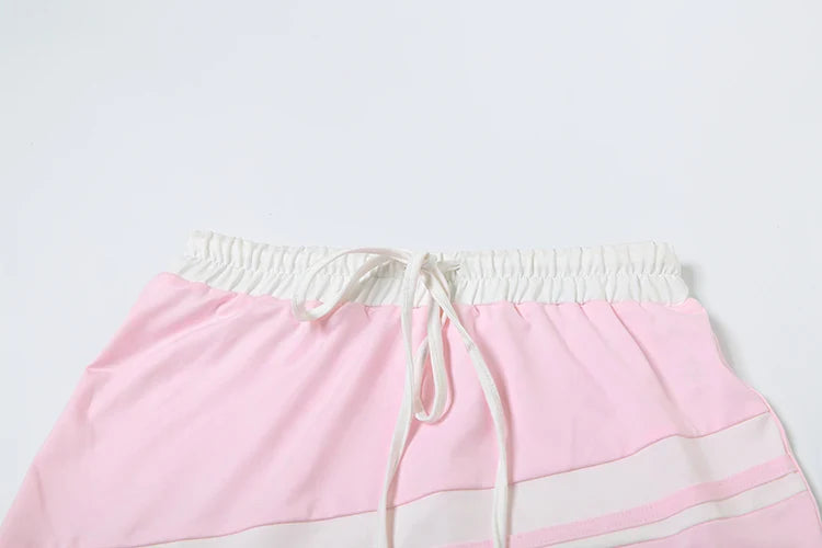 Casual Two Piece Set Women Stripe Panelled Zip-Up Pleated Crop Tank Top and Bandage Mini Skirt Summer Tracksuit