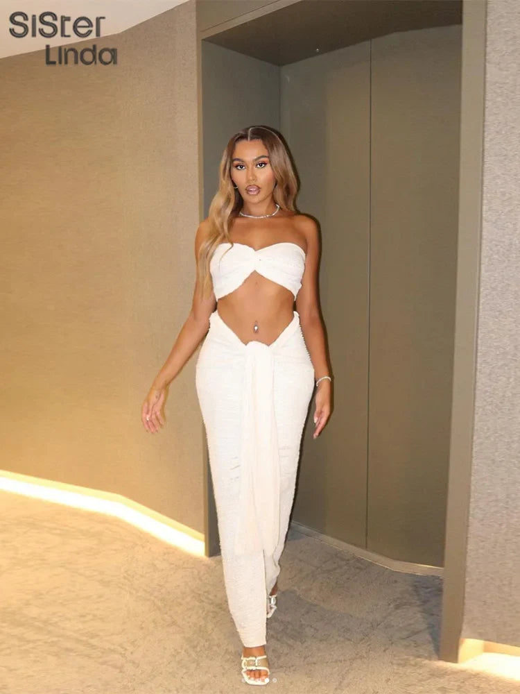 Sexy Elegant Two-Piece Set for Women Sleeveless Cross Wrapped Strapless Top with Bandage Skirt Vacation and Clubwear Matching Outfit