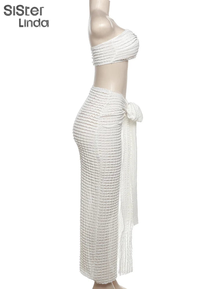 Sexy Elegant Two-Piece Set for Women Sleeveless Cross Wrapped Strapless Top with Bandage Skirt Vacation and Clubwear Matching Outfit