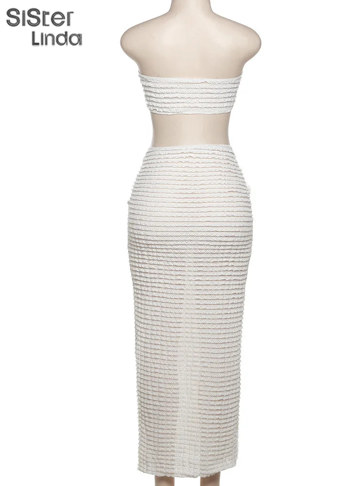 Sexy Elegant Two-Piece Set for Women Sleeveless Cross Wrapped Strapless Top with Bandage Skirt Vacation and Clubwear Matching Outfit