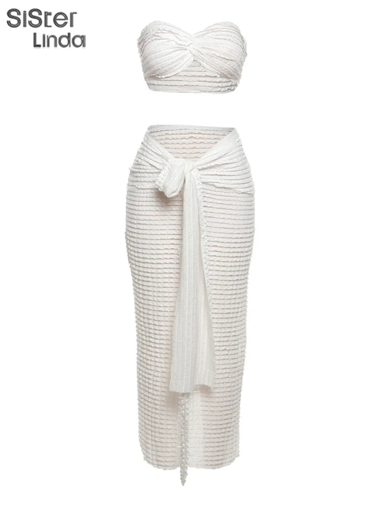 Sexy Elegant Two-Piece Set for Women Sleeveless Cross Wrapped Strapless Top with Bandage Skirt Vacation and Clubwear Matching Outfit