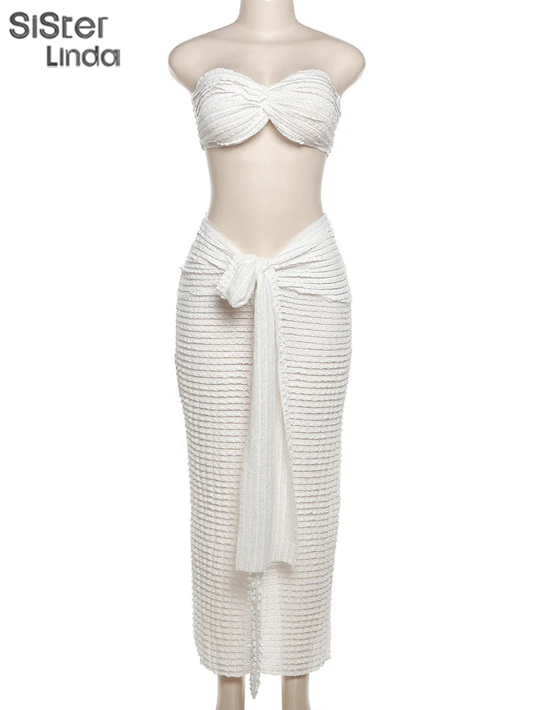 Sexy Elegant Two-Piece Set for Women Sleeveless Cross Wrapped Strapless Top with Bandage Skirt Vacation and Clubwear Matching Outfit