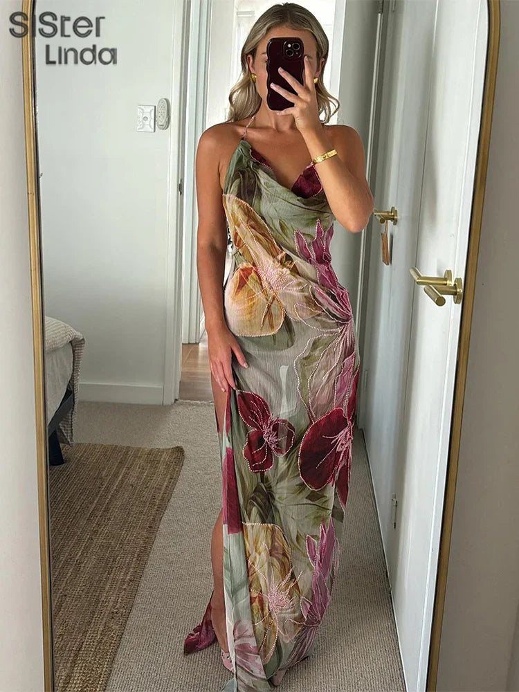 Autumn Release Junior Ankle-Length Sexy High Street Dress with Girl Printing, Slim Fit, Backless Fashion Robe