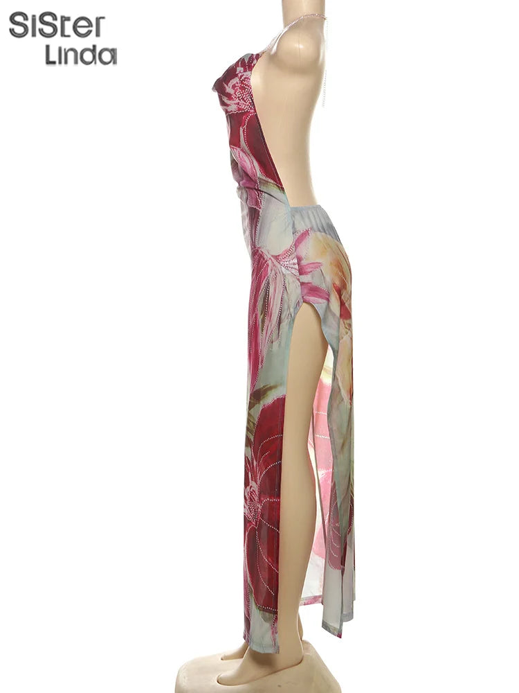 Autumn Release Junior Ankle-Length Sexy High Street Dress with Girl Printing, Slim Fit, Backless Fashion Robe