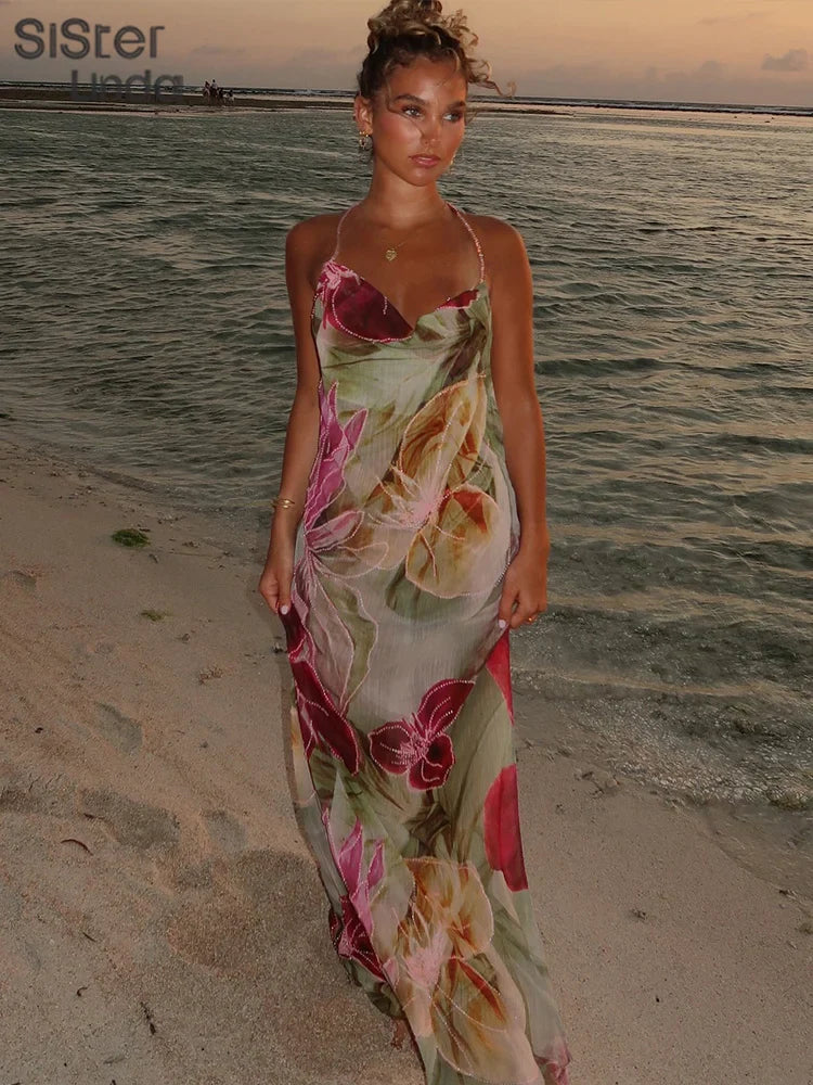 Autumn Release Junior Ankle-Length Sexy High Street Dress with Girl Printing, Slim Fit, Backless Fashion Robe