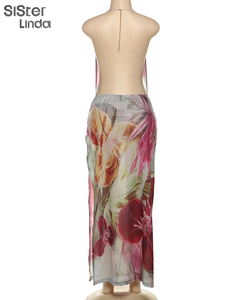 Autumn Release Junior Ankle-Length Sexy High Street Dress with Girl Printing, Slim Fit, Backless Fashion Robe