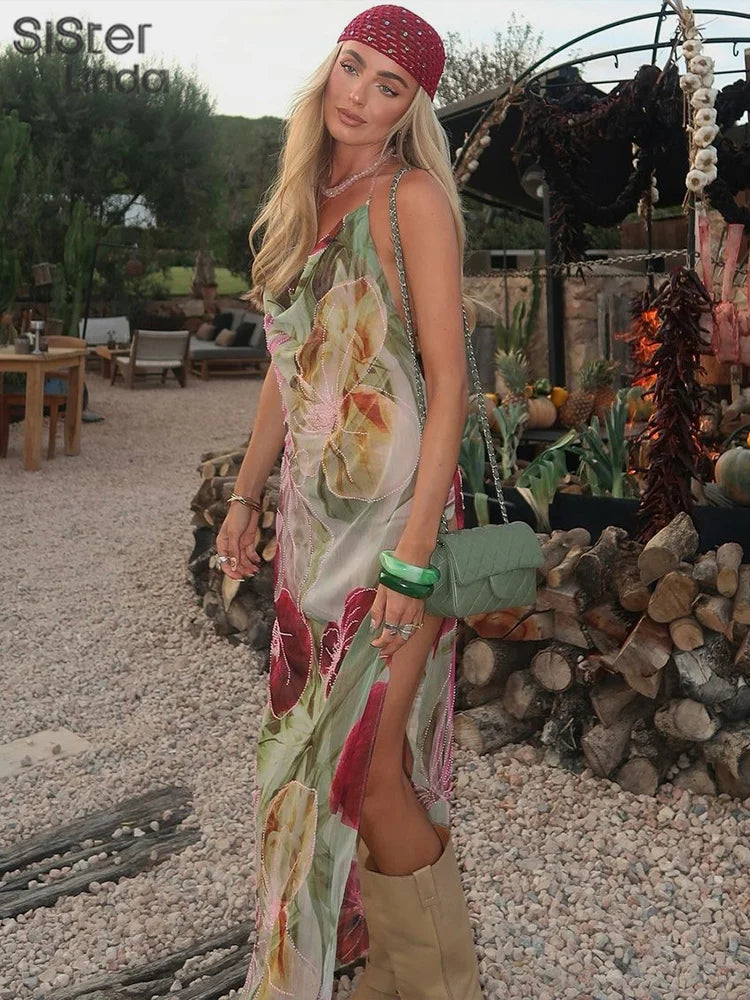 Autumn Release Junior Ankle-Length Sexy High Street Dress with Girl Printing, Slim Fit, Backless Fashion Robe