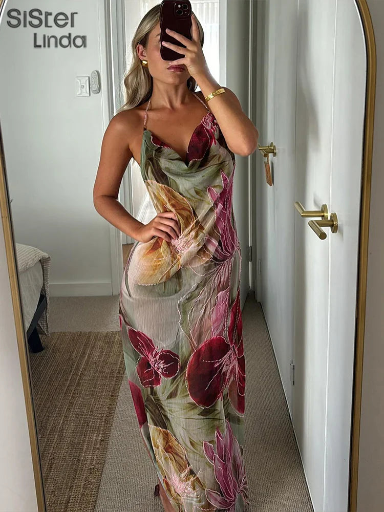 Autumn Release Junior Ankle-Length Sexy High Street Dress with Girl Printing, Slim Fit, Backless Fashion Robe