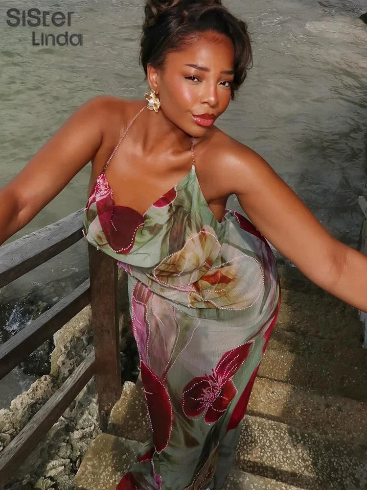 Autumn Release Junior Ankle-Length Sexy High Street Dress with Girl Printing, Slim Fit, Backless Fashion Robe