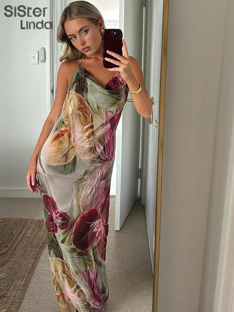 Autumn Release Junior Ankle-Length Sexy High Street Dress with Girl Printing, Slim Fit, Backless Fashion Robe