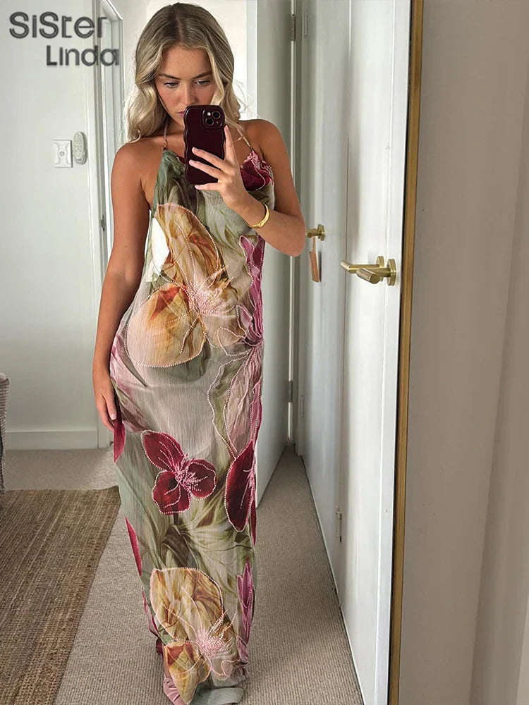 Autumn Release Junior Ankle-Length Sexy High Street Dress with Girl Printing, Slim Fit, Backless Fashion Robe