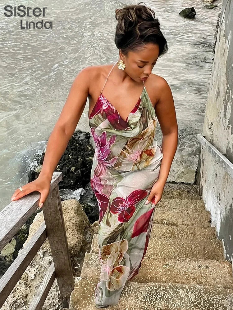 Autumn Release Junior Ankle-Length Sexy High Street Dress with Girl Printing, Slim Fit, Backless Fashion Robe