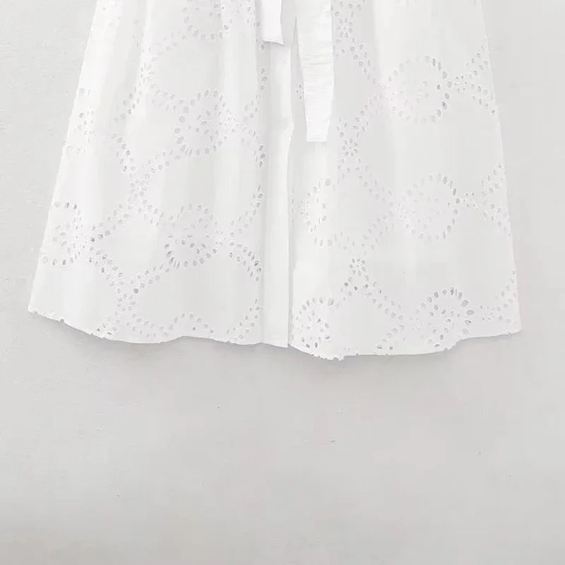 Elegant White Embroidery Midi Dress with Long Sleeves and Shirt Collar for Women Stylish and Comfortable Fit