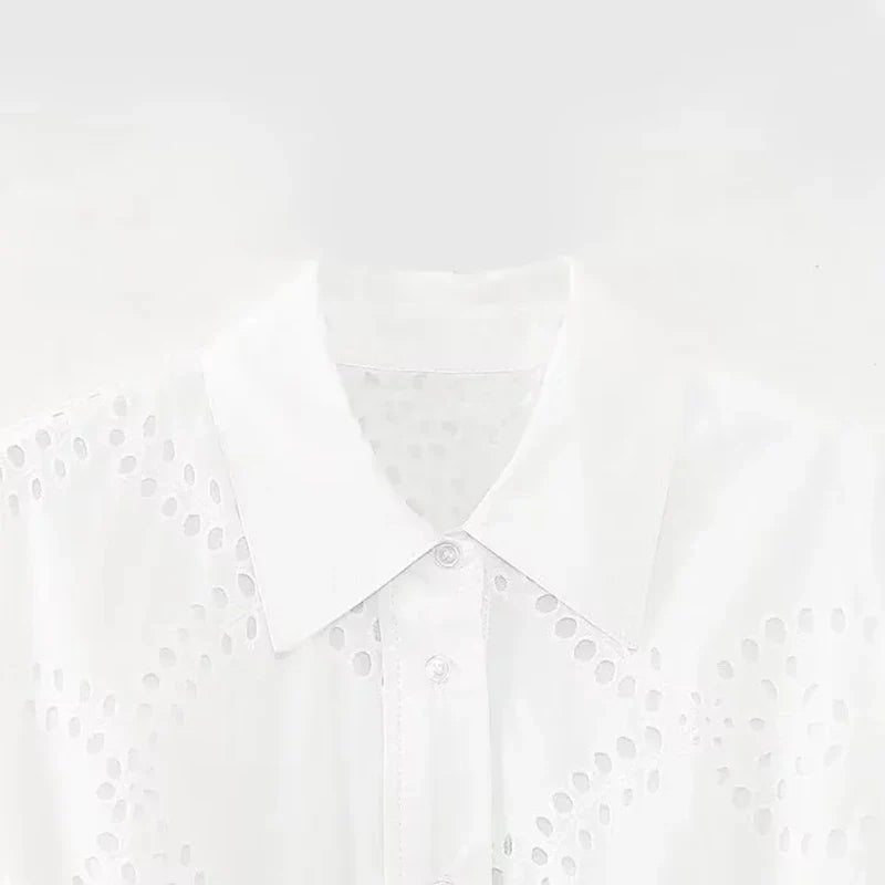 Elegant White Embroidery Midi Dress with Long Sleeves and Shirt Collar for Women Stylish and Comfortable Fit