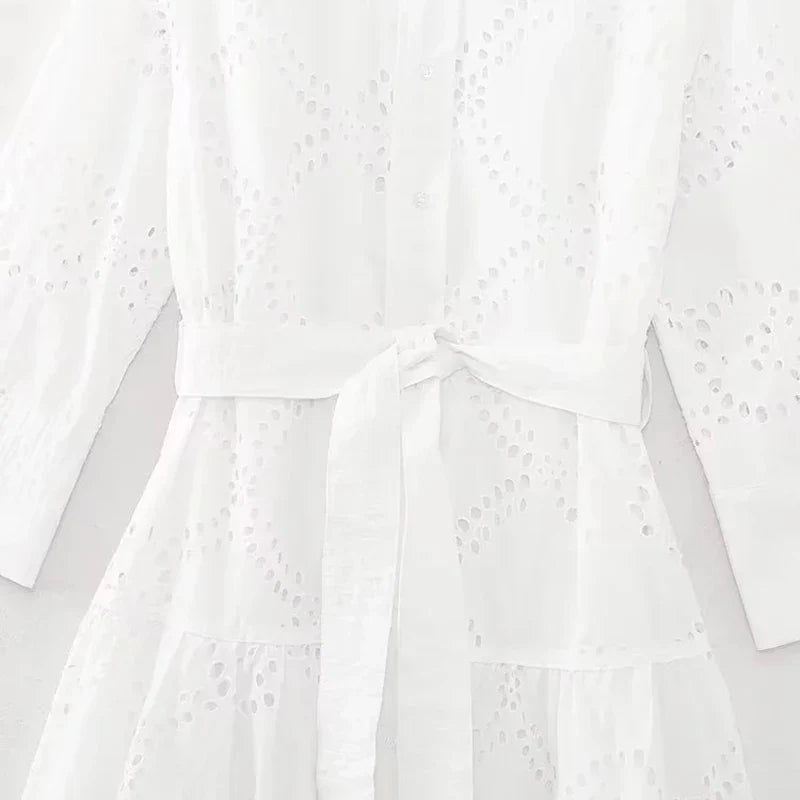 Elegant White Embroidery Midi Dress with Long Sleeves and Shirt Collar for Women Stylish and Comfortable Fit