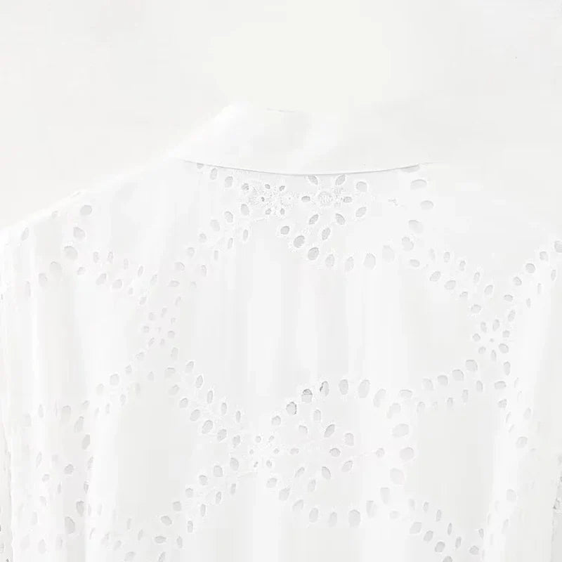 Elegant White Embroidery Midi Dress with Long Sleeves and Shirt Collar for Women Stylish and Comfortable Fit