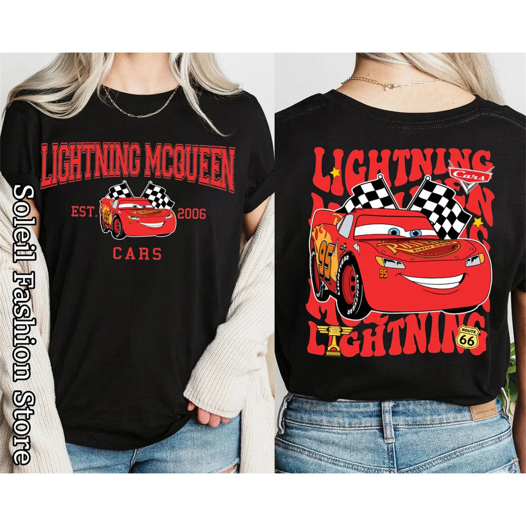 Women's Cotton T-Shirt Featuring Lightning McQueen and Friends 2D Print Casual Tops with Tow Mater Sally Carrera and Doc Hudson Designs