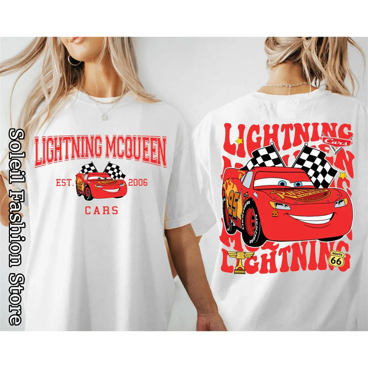 Women's Cotton T-Shirt Featuring Lightning McQueen and Friends 2D Print Casual Tops with Tow Mater Sally Carrera and Doc Hudson Designs