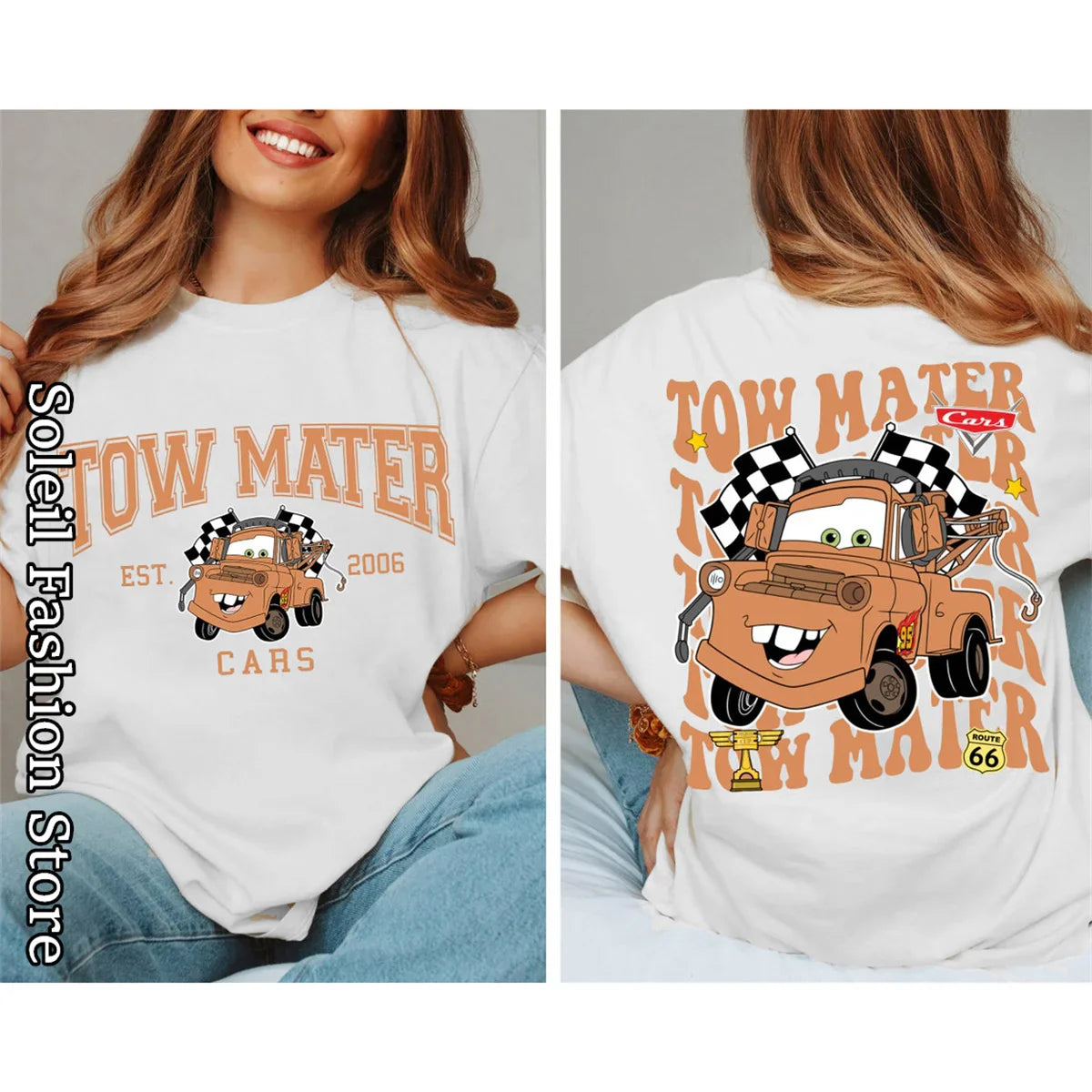 Women's Cotton T-Shirt Featuring Lightning McQueen and Friends 2D Print Casual Tops with Tow Mater Sally Carrera and Doc Hudson Designs