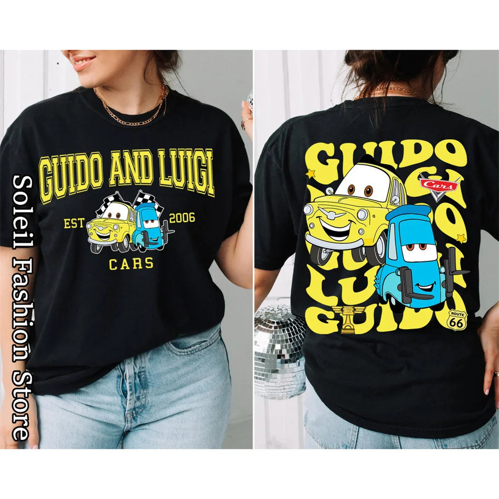 Women's Cotton T-Shirt Featuring Lightning McQueen and Friends 2D Print Casual Tops with Tow Mater Sally Carrera and Doc Hudson Designs