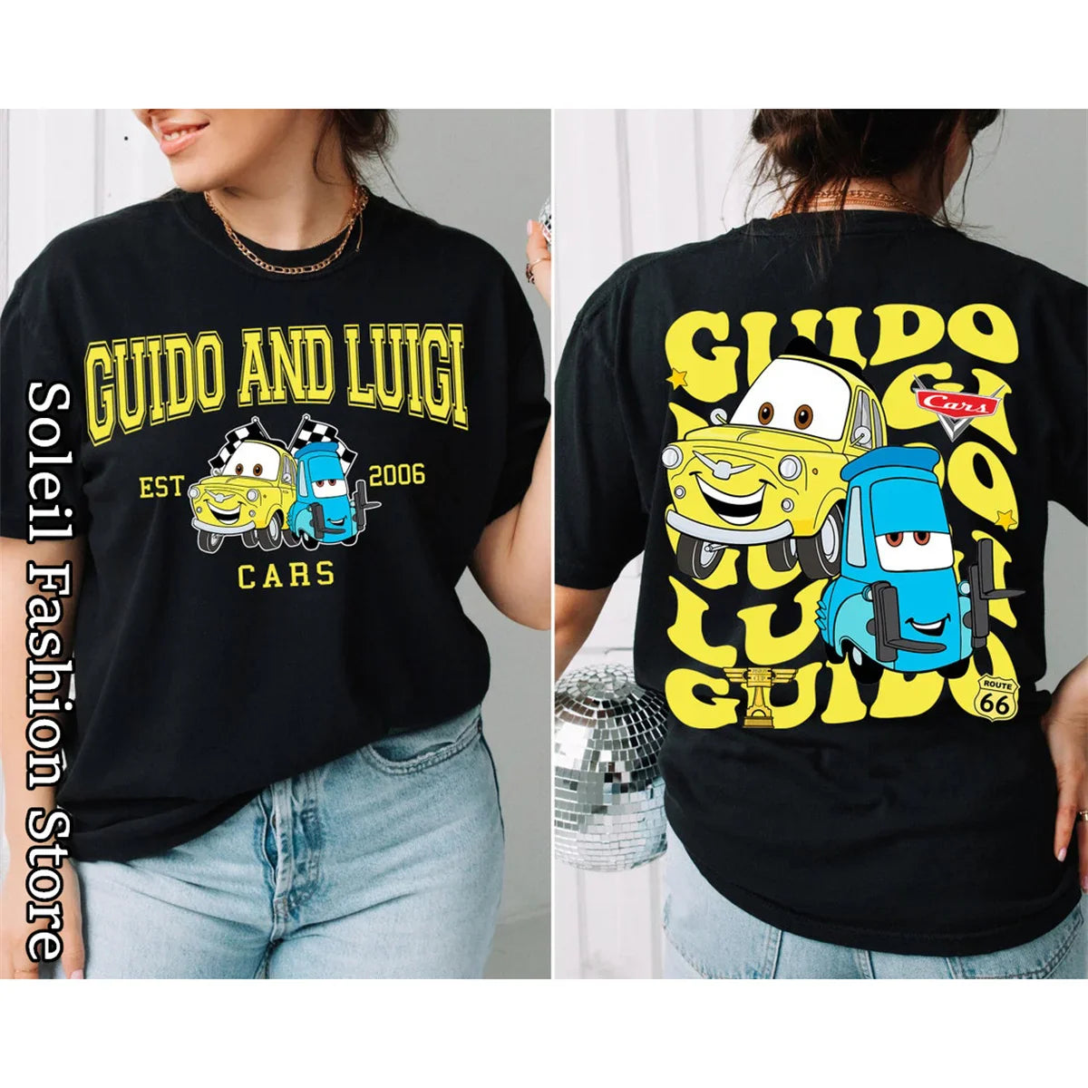 Women's Cotton T-Shirt Featuring Lightning McQueen and Friends 2D Print Casual Tops with Tow Mater Sally Carrera and Doc Hudson Designs