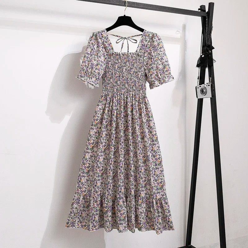 Elegant Spring Summer Chiffon Dress for Women with Elastic Waist Short Sleeves and Pleated A-line Design