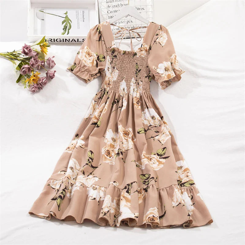 Elegant Spring Summer Chiffon Dress for Women with Elastic Waist Short Sleeves and Pleated A-line Design