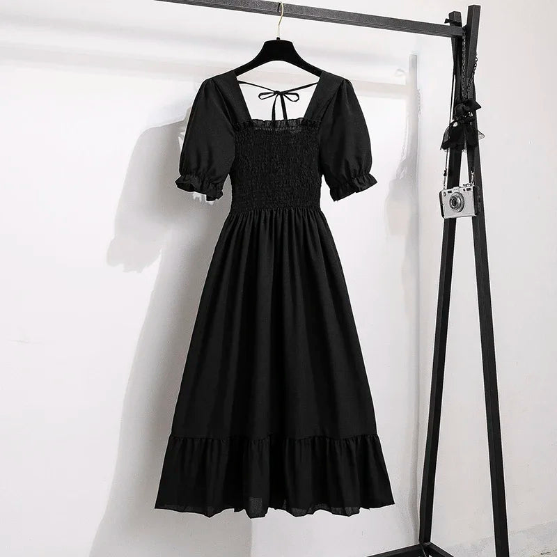 Elegant Spring Summer Chiffon Dress for Women with Elastic Waist Short Sleeves and Pleated A-line Design