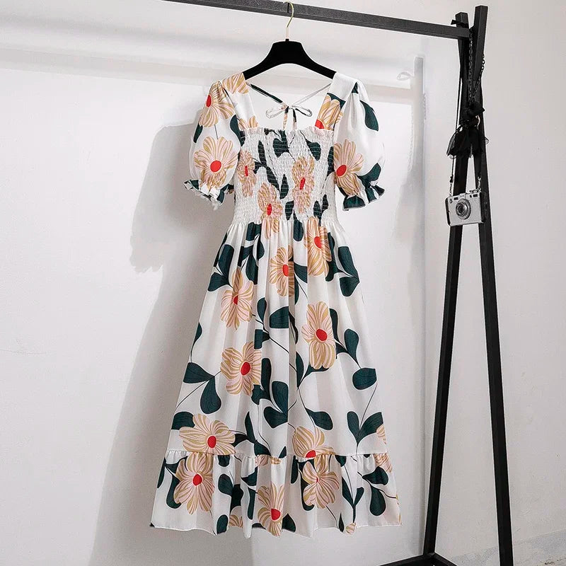 Elegant Spring Summer Chiffon Dress for Women with Elastic Waist Short Sleeves and Pleated A-line Design