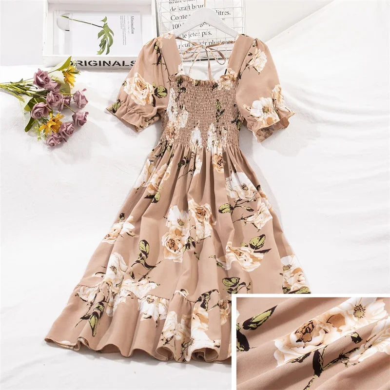 Elegant Spring Summer Chiffon Dress for Women with Elastic Waist Short Sleeves and Pleated A-line Design