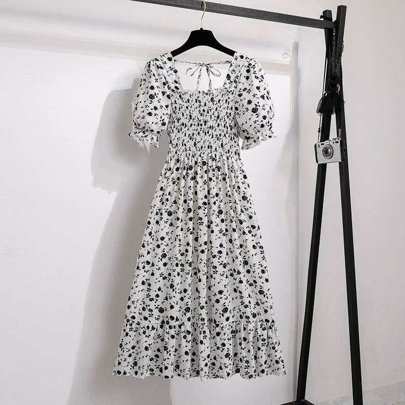 Elegant Spring Summer Chiffon Dress for Women with Elastic Waist Short Sleeves and Pleated A-line Design