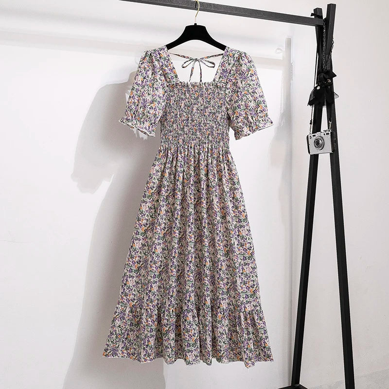 Elegant Spring Summer Chiffon Dress for Women with Elastic Waist Short Sleeves and Pleated A-line Design