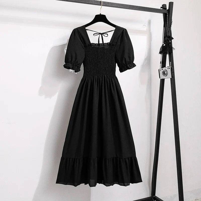 Elegant Spring Summer Chiffon Dress for Women with Elastic Waist Short Sleeves and Pleated A-line Design