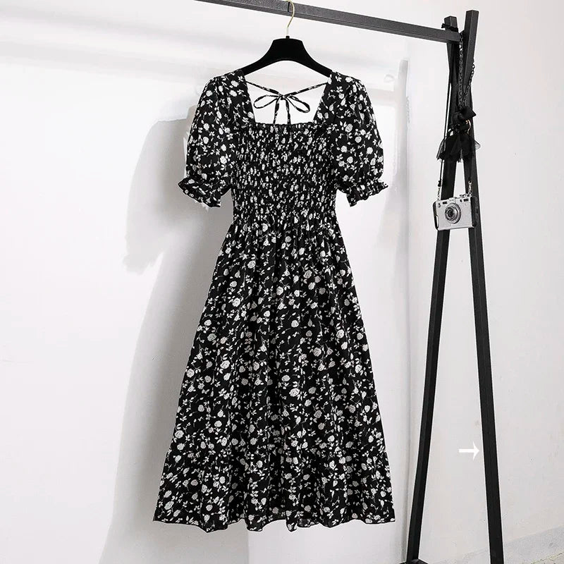 Elegant Spring Summer Chiffon Dress for Women with Elastic Waist Short Sleeves and Pleated A-line Design