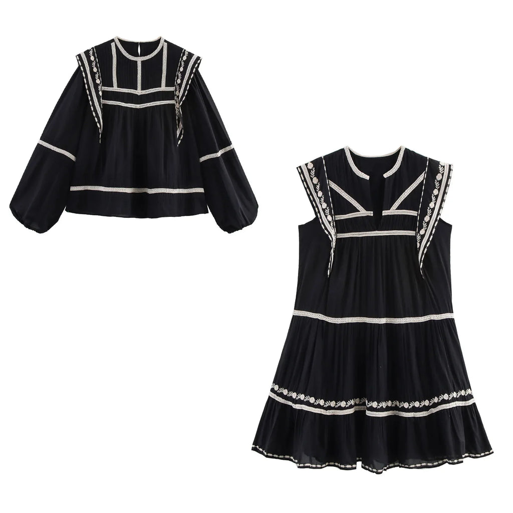 Women's Retro Casual Shirt with Contrasting Color Embroidery Elegant Spring Dress with Slim Fit and Timeless Temperament