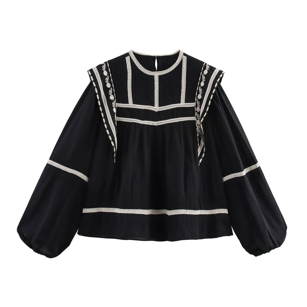 Women's Retro Casual Shirt with Contrasting Color Embroidery Elegant Spring Dress with Slim Fit and Timeless Temperament