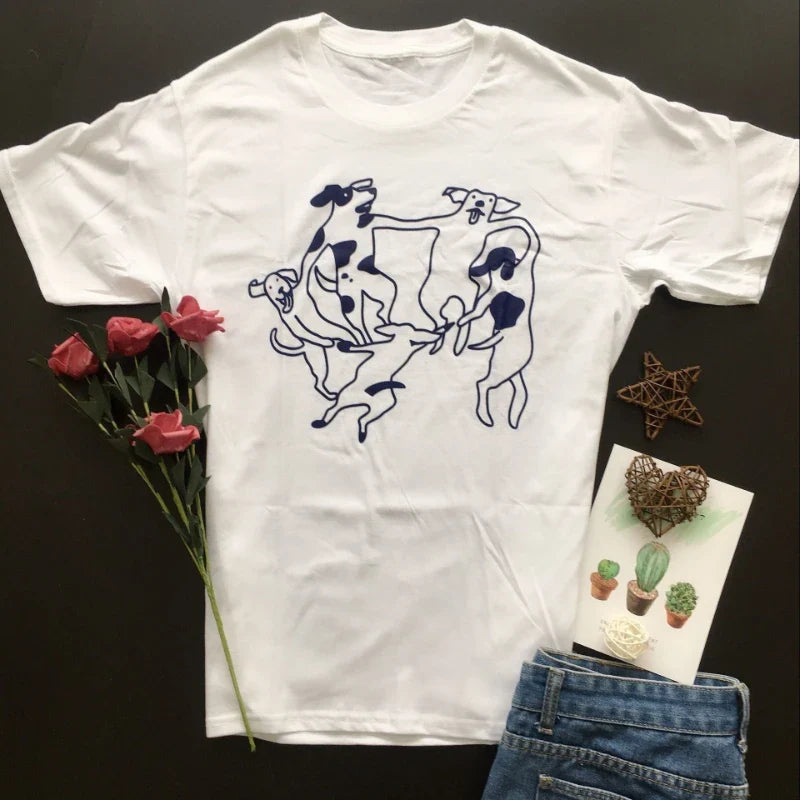 The Dance Dogs Dance Graphic Funny Printed T-Shirt Casual Stylish Unisex Short Sleeve Hipster Tee for Girls Kawaii Tops