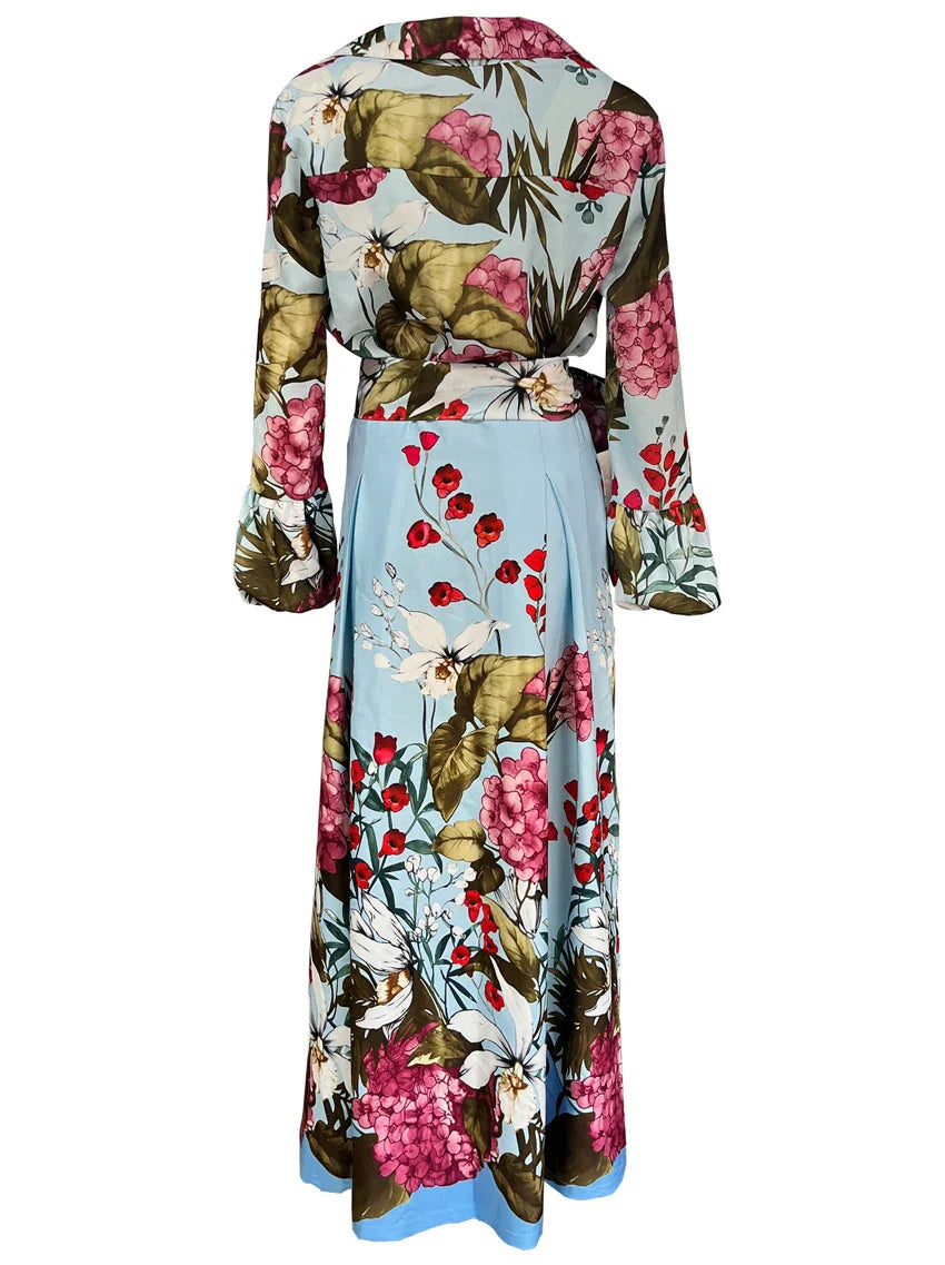 Floral Print Women's Two-Piece Set Long Sleeve Shirt and High Waist Maxi Skirt Elegant Chic Matching Outfit