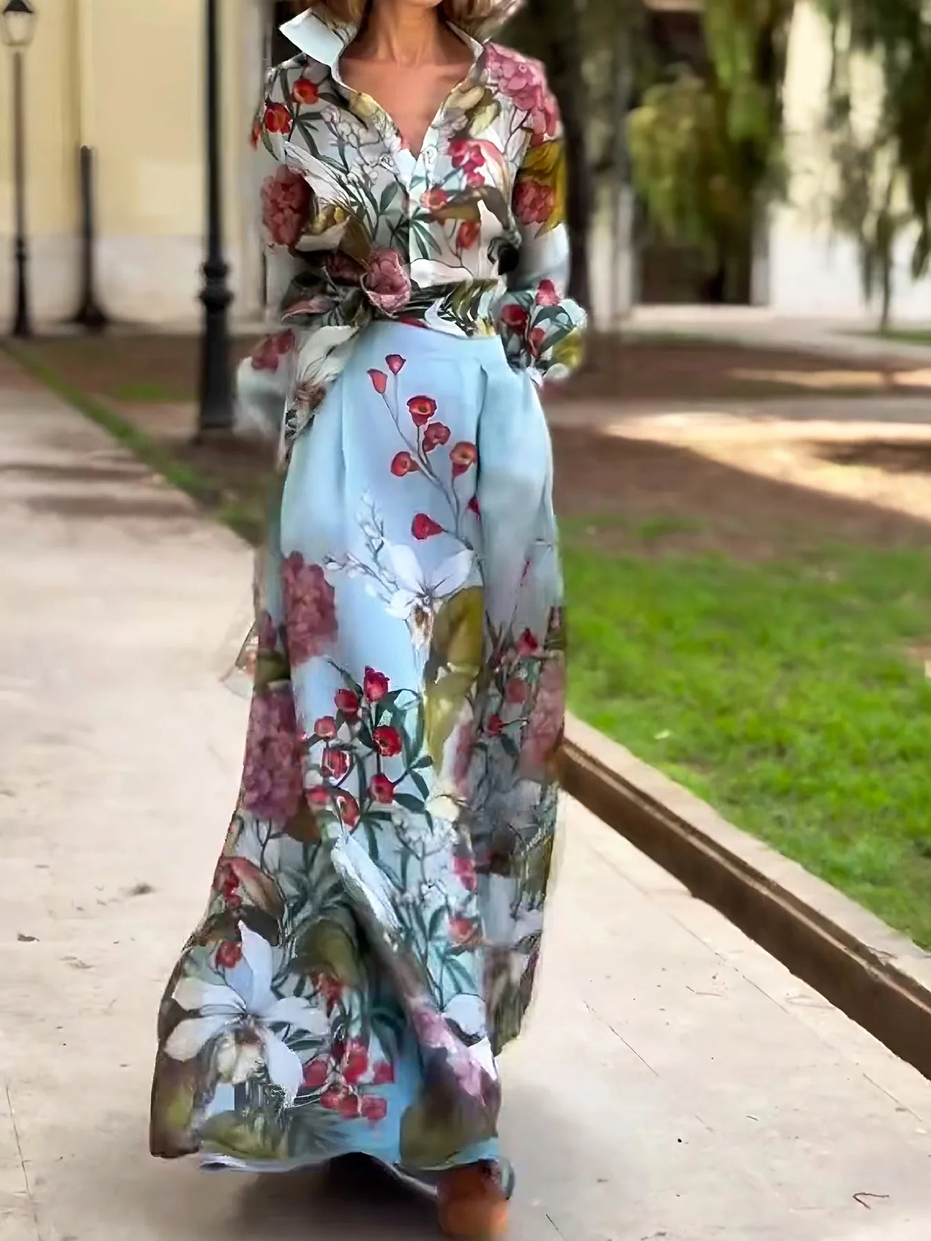 Floral Print Women's Two-Piece Set Long Sleeve Shirt and High Waist Maxi Skirt Elegant Chic Matching Outfit