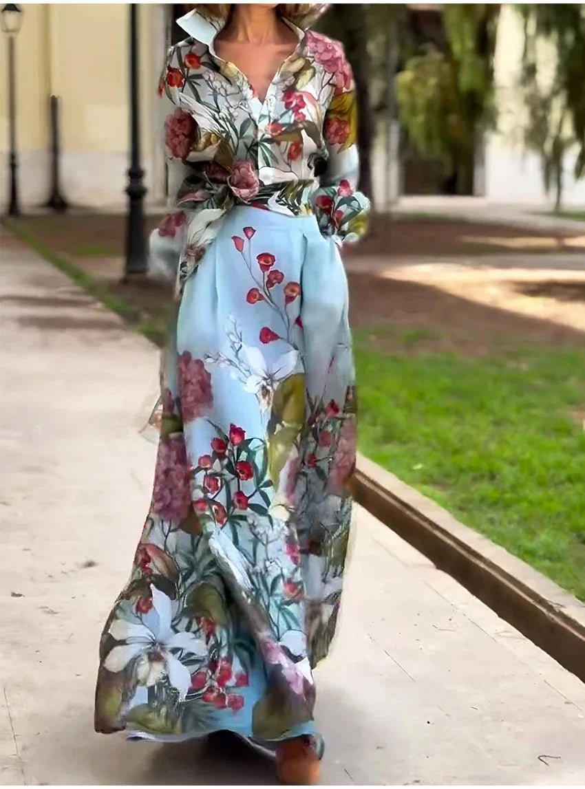 Floral Print Women's Two-Piece Set Long Sleeve Shirt and High Waist Maxi Skirt Elegant Chic Matching Outfit