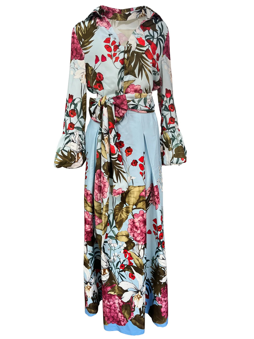 Floral Print Women's Two-Piece Set Long Sleeve Shirt and High Waist Maxi Skirt Elegant Chic Matching Outfit