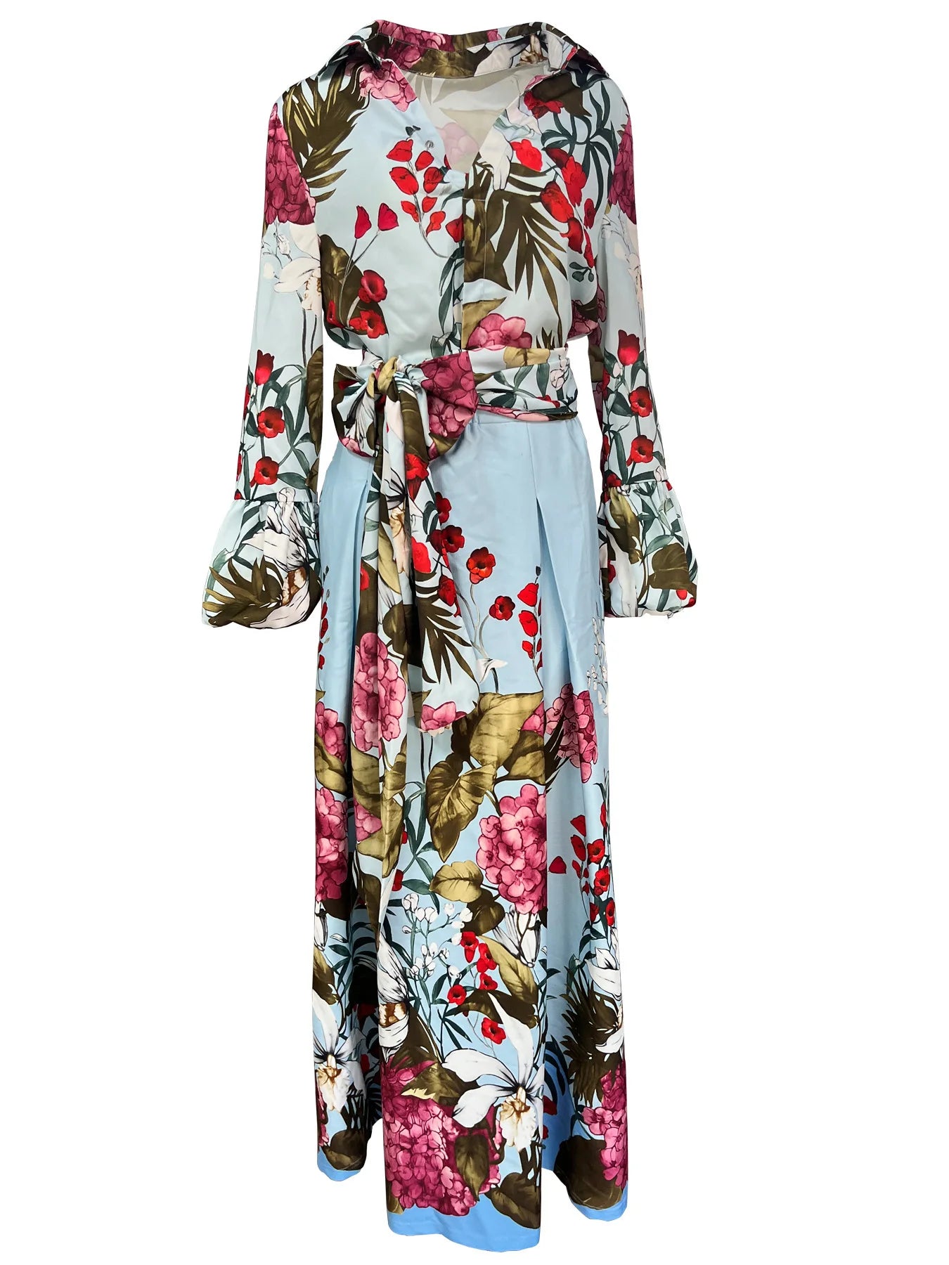 Floral Print Women's Two-Piece Set Long Sleeve Shirt and High Waist Maxi Skirt Elegant Chic Matching Outfit