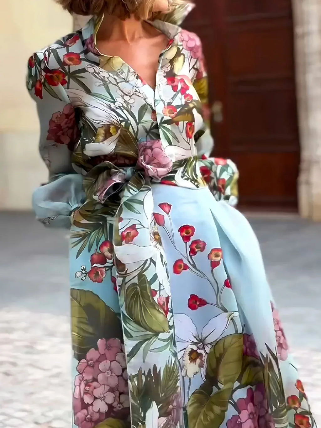 Floral Print Women's Two-Piece Set Long Sleeve Shirt and High Waist Maxi Skirt Elegant Chic Matching Outfit